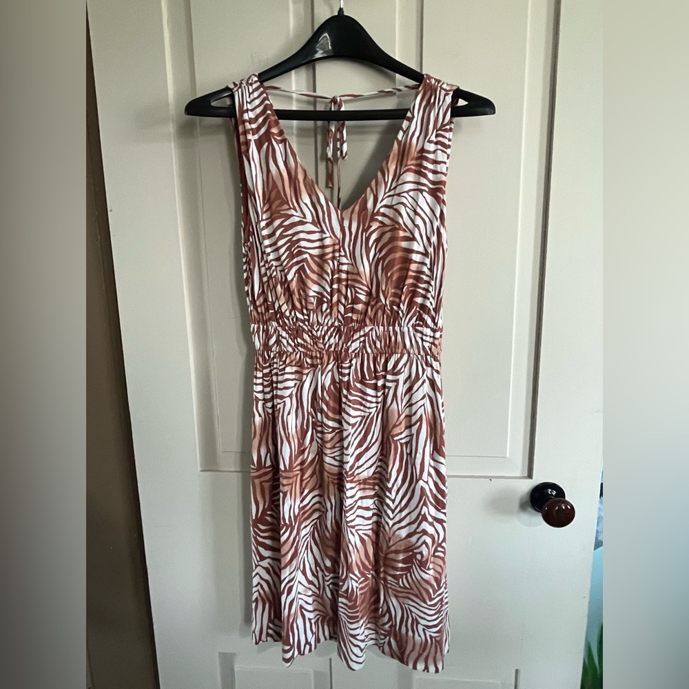 Soma Brown & White Zebra-Print V-Neck Midi Shelf Bra Dress
